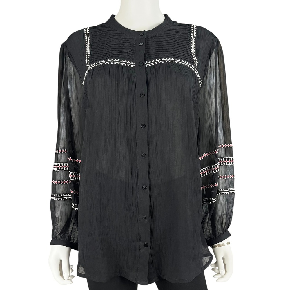 Chico's Blouse Womens 3(XL) Black Sheer Embroidered Chiffon Top